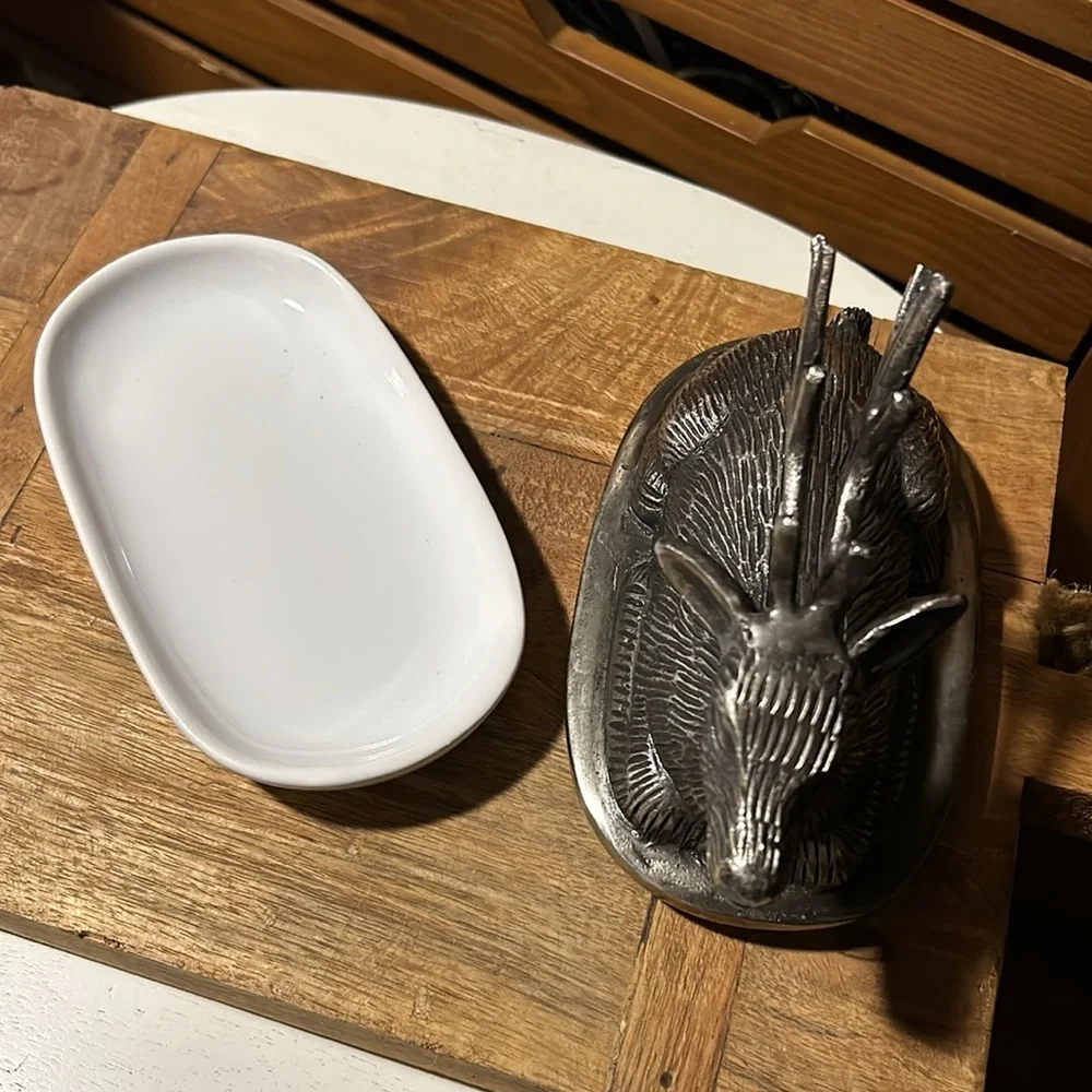 Pottery Barn Stag pewter butter dish in EUC RARE